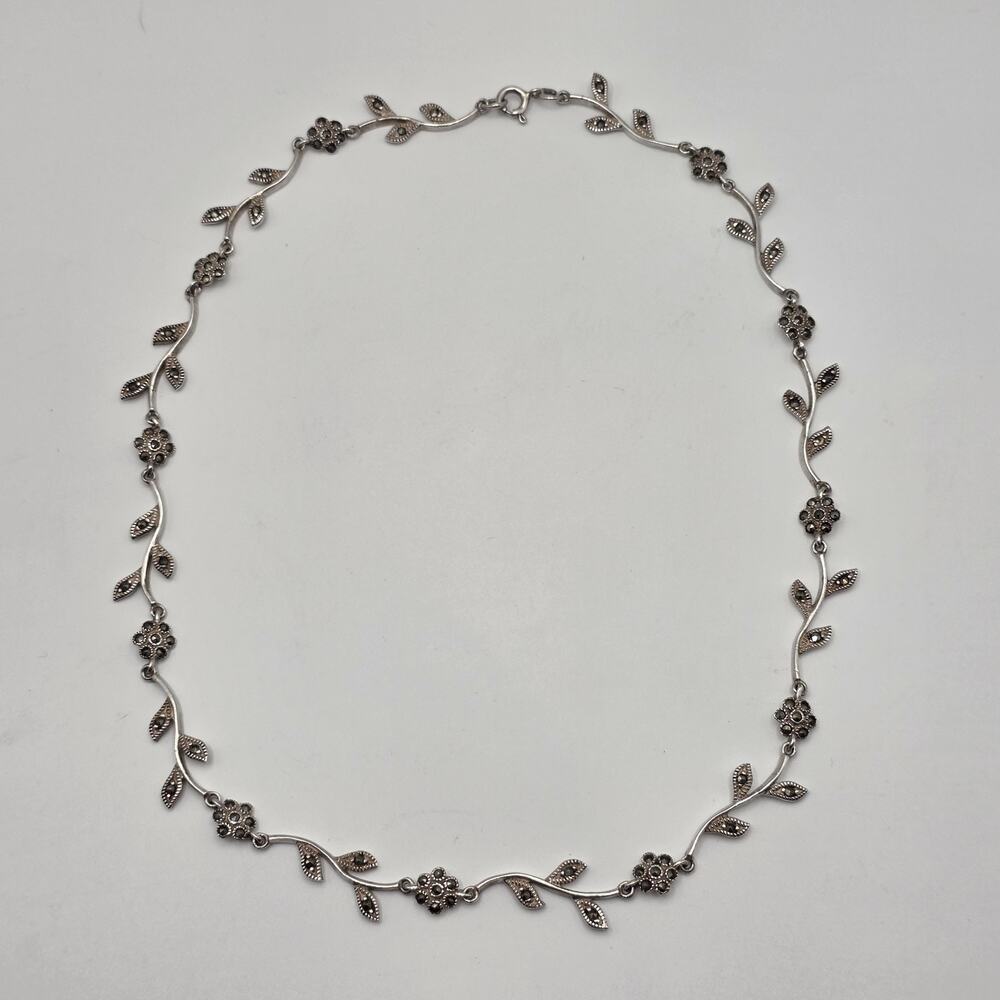 Dee Berkley Sterling Silver Floral Branch Marcasite Collar Necklace 17" 16.6g